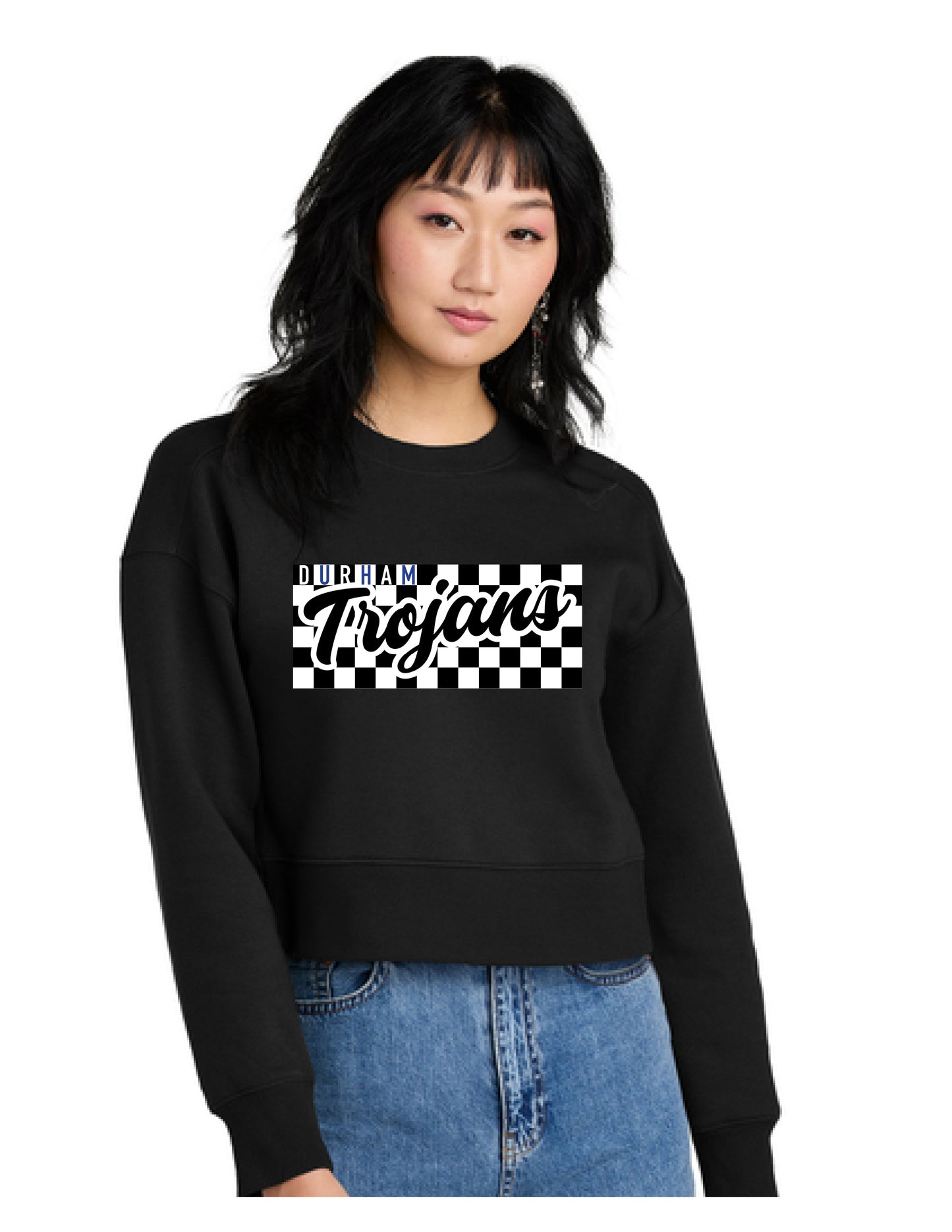 Women's Black Cropped Crewneck-Checkered Design