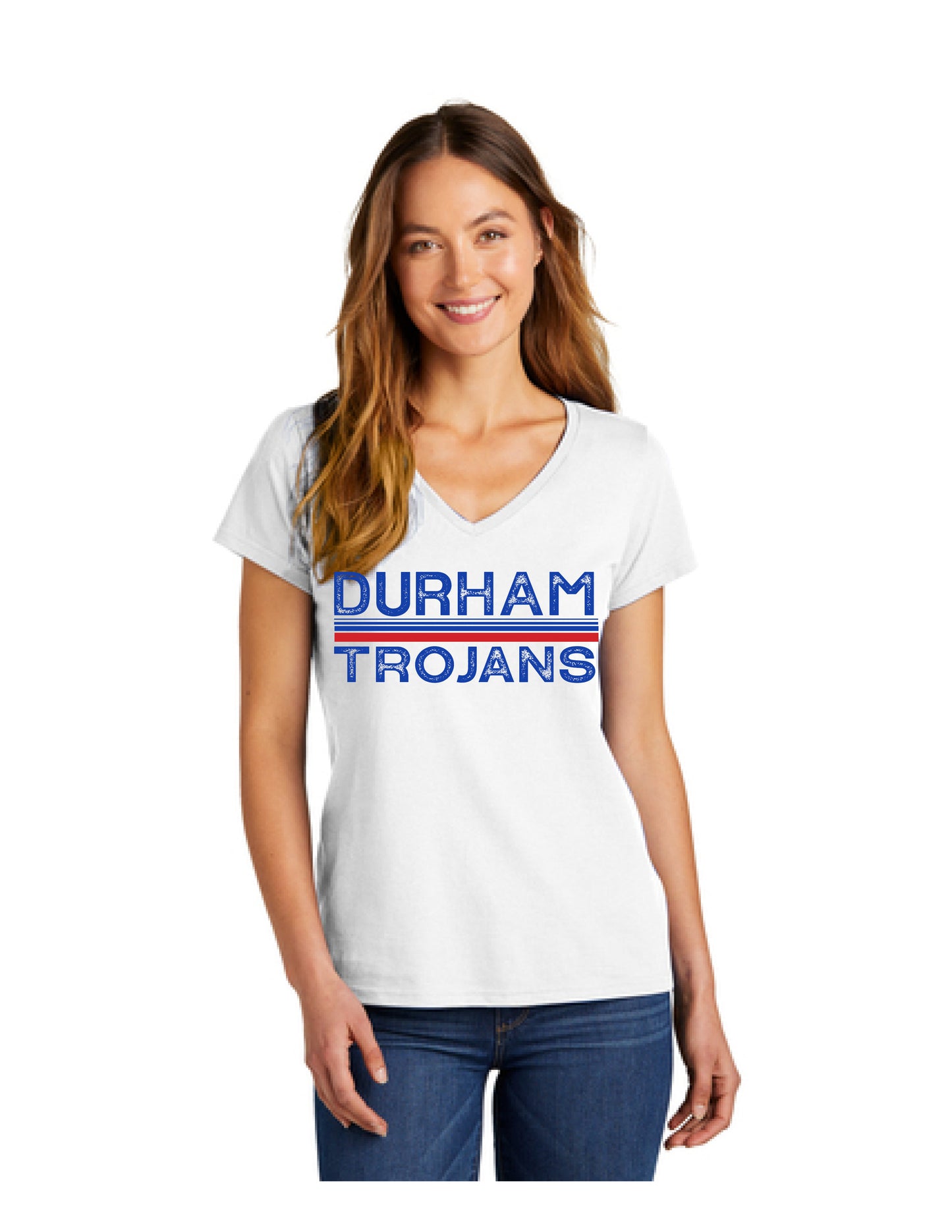 Women's White Durham Trojans V-Neck Tee Shirt